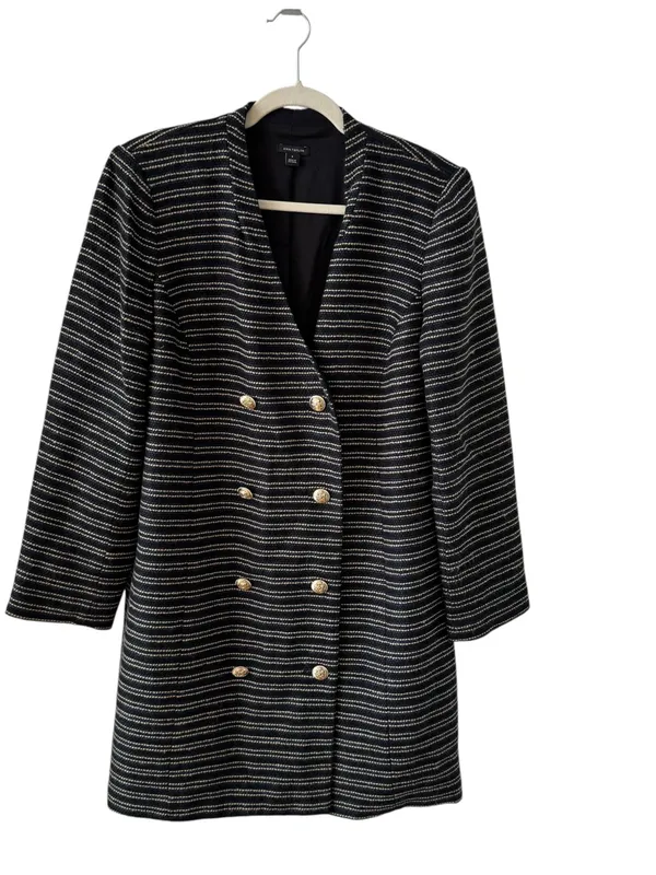 Ann Taylor Tweed Longline Blazer Coat Navy Golden Brown Stripe Size 8 - Image 11