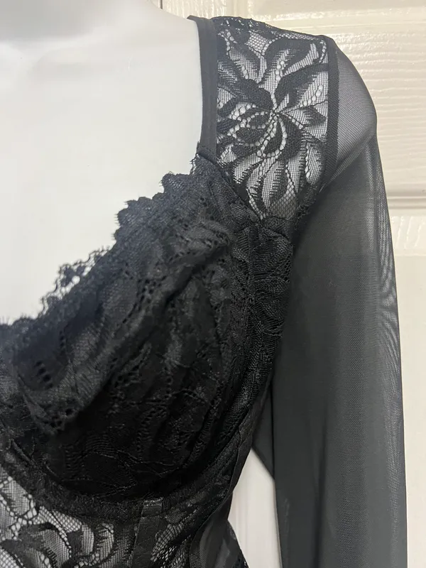 UNBRANDED Black Lace Bustier Sheer Mesh Sweetheart Neck Bodysuit - Image 8