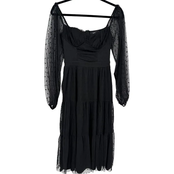 Lulus Black Swiss‎ Dot Tiered Bustier Midi Dress Size XS Whimsigoth Fairy Grunge - Image 5