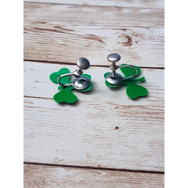 Vintage Screw On Earrings - Green Shamrock 0.75" - Damaged - Image 3