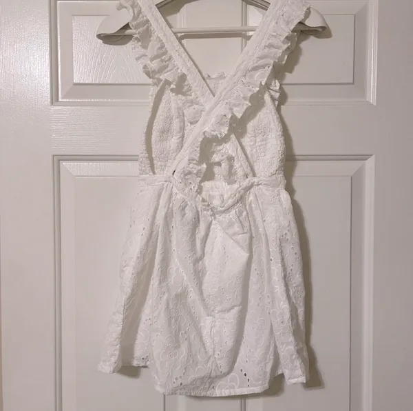 Lulu's Sweet Bliss White Floral Eyelet Smocked Ruffled Backless Dress Size Med - Image 7