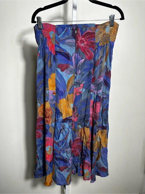 X399. Carole Little Blue Floral Midi Skirt with Pink & Gold Accents - Image 4