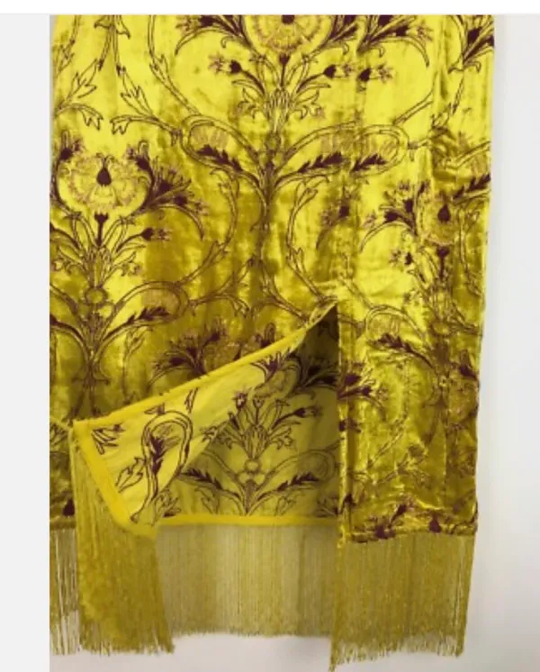 Anthropologie Slim Fringed Velvet Midi Skirt Flowy High Waisted Yellow - Image 7