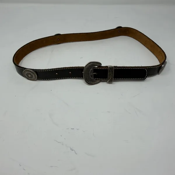 Western Concho Belt Leather Black Silver Engraved Buckle Women M-L - Image 7