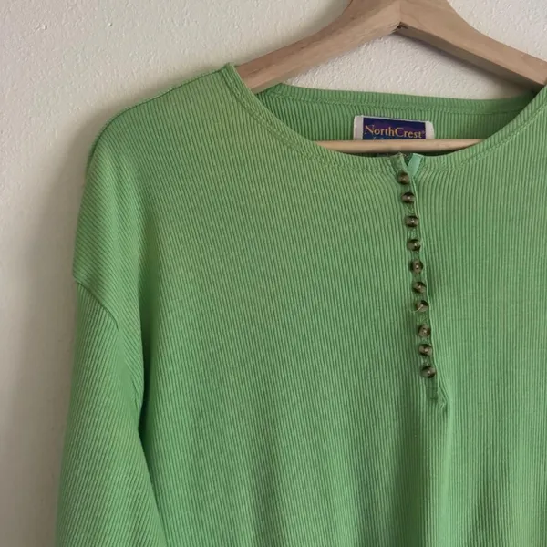 Vintage NorthCrest Green Ribbed Henley Shirt L 90s Y2K Granola Outdoor - Image 2