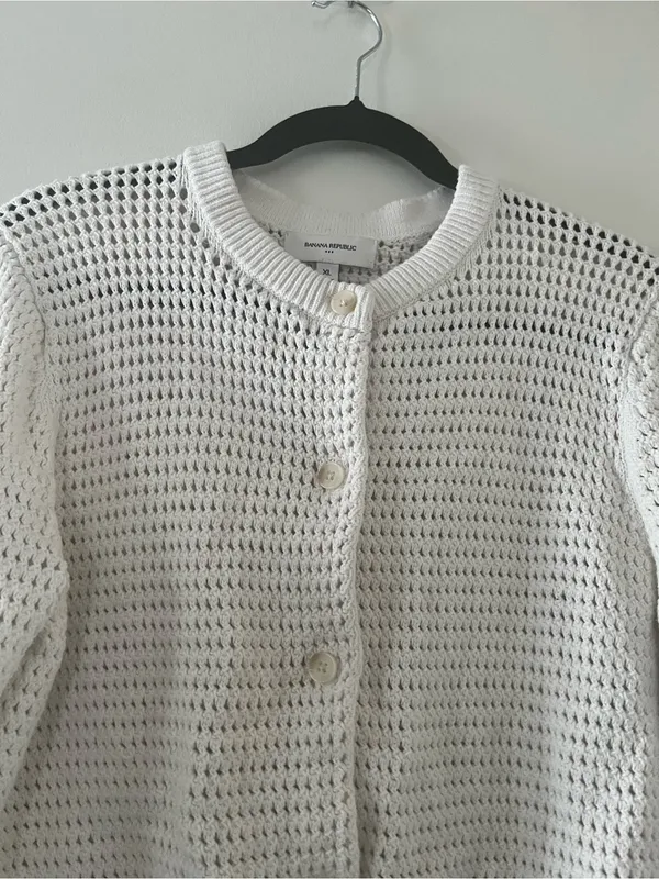 Banana Republic White Knit Button Up Cardigan XL 100% Cotton Coastal Beach - Image 3