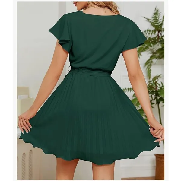 NEW Green Wrap V Neck Belted Swing Pleated Mini Dress M - Image 2
