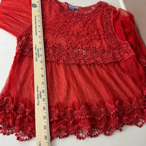 Pink Melo Red Mesh Crochet Lace Peplum Top Bell Sleeve Boho Large Festival Goth Dark Fairy - Image 9