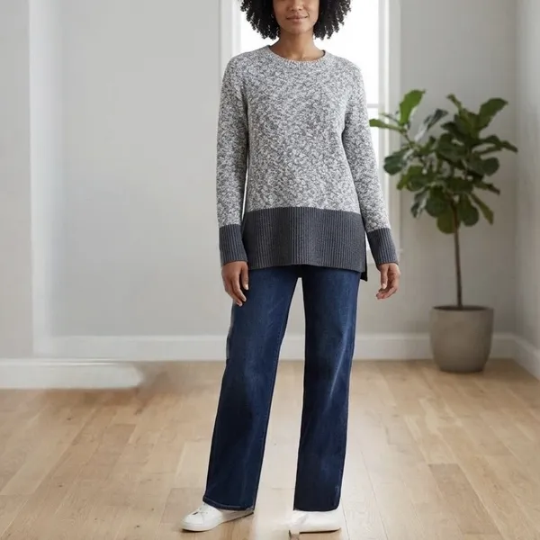 LL Bean Marled Gray Crew Neck Linen Blend Ragg Pullover‎ Tunic Sweater LARGE - Image 2