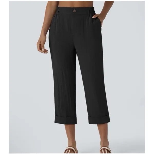 NWT Halara High Waisted Zipper Pocket Capri Linen Feel Pants in Black Size XL - Image 2
