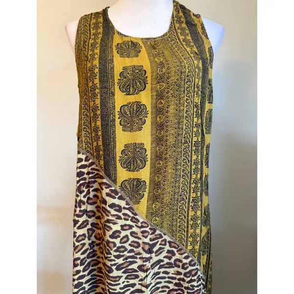 René Derhy patchwork Maxi Dress Mustard Leopard Flora vintage boho whimsigoth L - Image 2