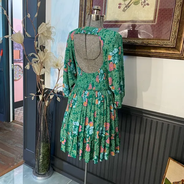 Free People Endless Summer Picnic Emerald Green Floral Boho Mini Dress - Sz S 🧡🎀 - Image 10