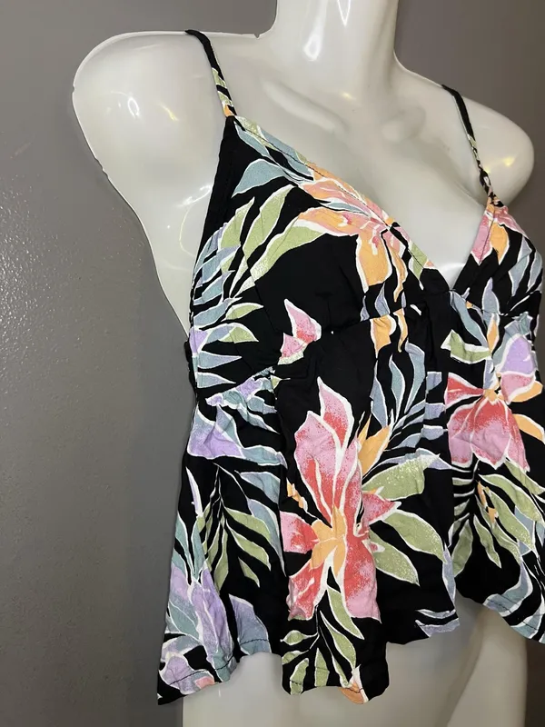 Billabong Tank Top Womens Medium Black Tropical Floral V Neck Strappy Cami - Image 3