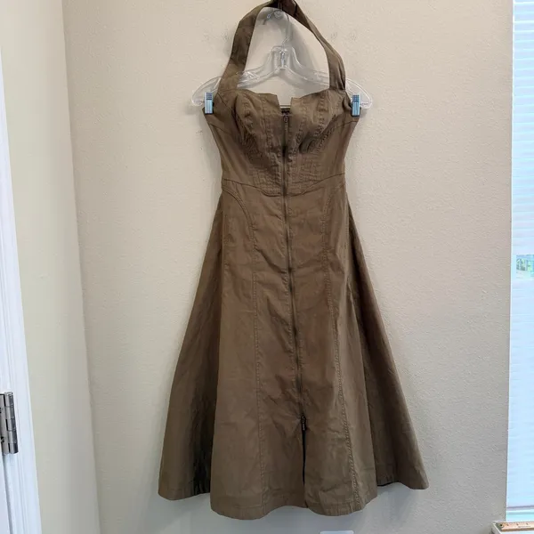 Anthropologie‎ Zip-Front Corset Midi Dress Womens XS Smocked Back Halter Olive - Image 3