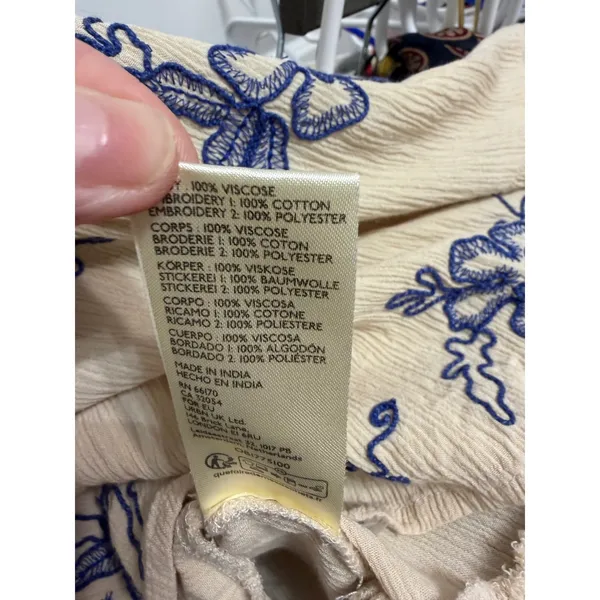 Free People Embroidered Boho Mini Dress Cream Blue Floral V-Neck Peasant Medium - Image 9