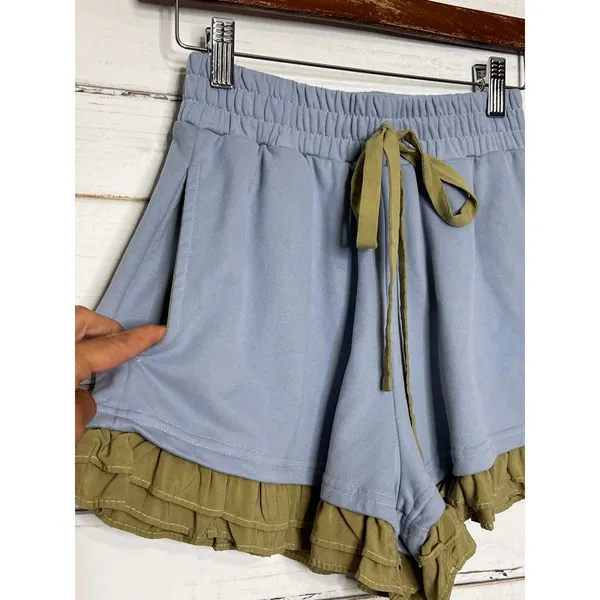 Blakely Blue Ruffle Lounge Set XS Embroidered Floral Sweatshirt Shorts Pockets - Image 14