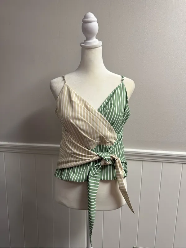 Mare Mare x Anthropologie Tie Front Striped Wrap Tank Top Green Beige Medium - Image 13