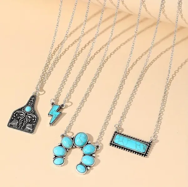 NEW Lot of 4 turquoise pendant necklaces, vintage retro style jewelry, silver - Image 5