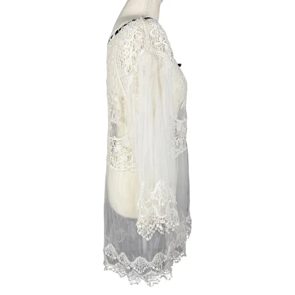White Sheer Lace Tunic Womens M Mesh Crochet Bell Sleeve Fairycore - Image 5
