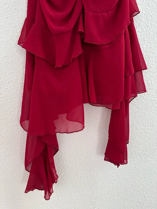 red ruffled ruched flowy salsa emoji asymmetrical dress - Image 5