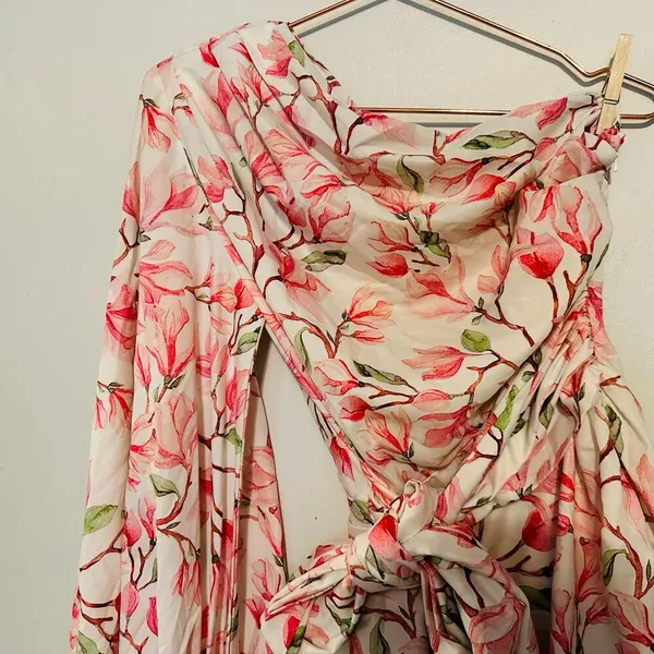 BRONX AND BANCO Layla Floral Pink White One Shoulder Silk Bow Mini Dress Size S - Image 8