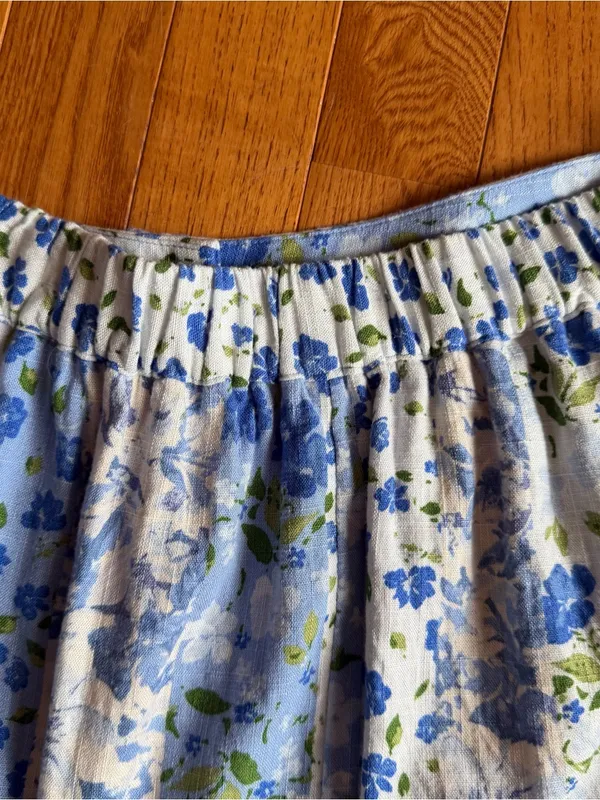 LC Lauren Conrad Blue Floral Stripe Button Front Midi Skirt Elastic Waist Medium - Image 5