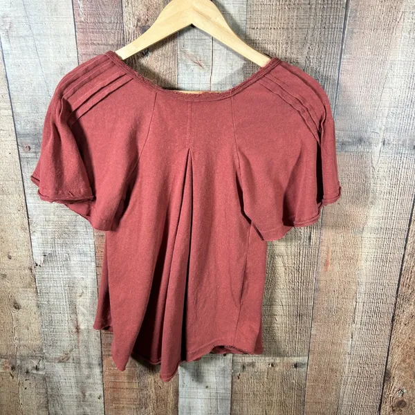 Bohme Rust Red Cotton Blend Pleated Flutter Sleeve Boho Blouse Top Small S - Image 6