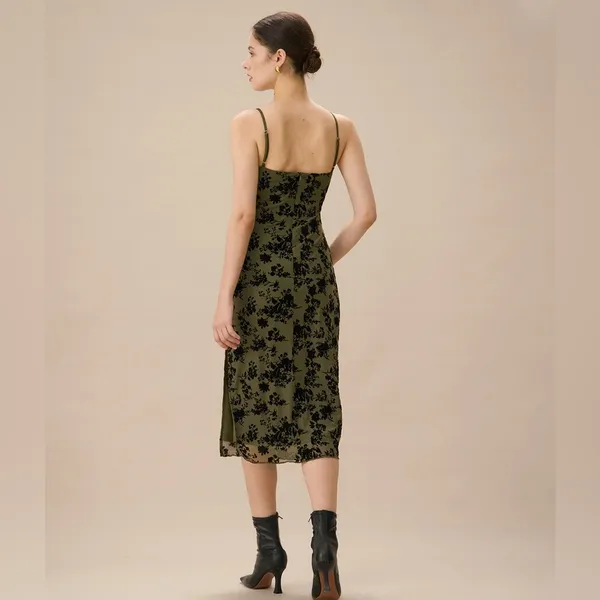 Rihoas Green Jacquard Ruched Slit Midi Dress - Image 5