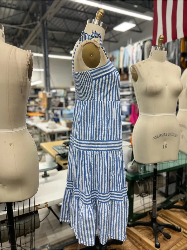 Blue and white striped midi dress with tie straps L - Image 5