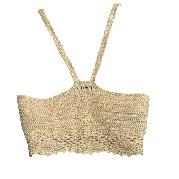 Cozy Casual Crochet Knit Crop Tank in Light Beige - Image 2