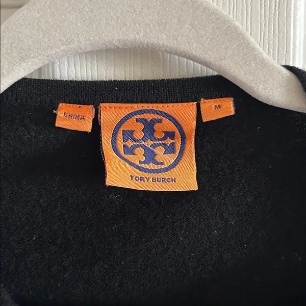 Tory Burch Black Merino Wool Ruffle Trim Open‎ Front Cardigan Sweater Sz Med - Image 6