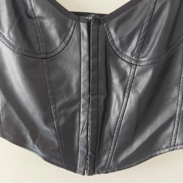 Shein Black Faux Leather Crop Top Corset Adjustable Spaghetti Straps Halloween S - Image 5