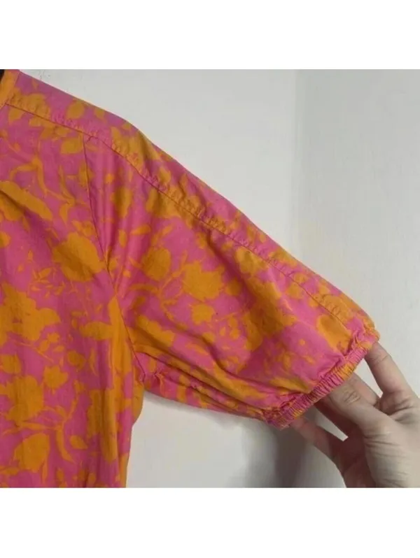 Free Assembly Pink and Orange Floral Shirred Short Sleeve Dress Pockets - Image 5
