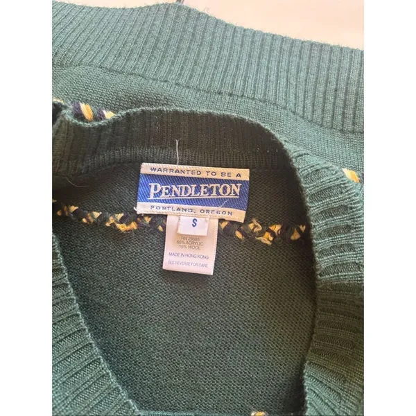 Pendleton Vintage Cardigan Sweater Green Gold Whipstitch Crest Buttons Size S - Image 2