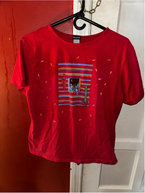 Vintage 90s Hanes Red Southwestern Chili Pepper T-Shirt Large Navajo - Image 2