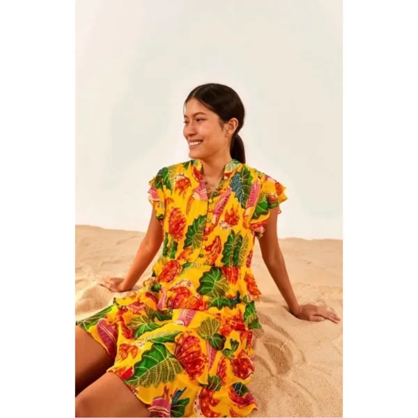Farm Rio Yellow Beaks & Bananas Mini Dress Small Tropical Toucan Tiered Resort - Image 16