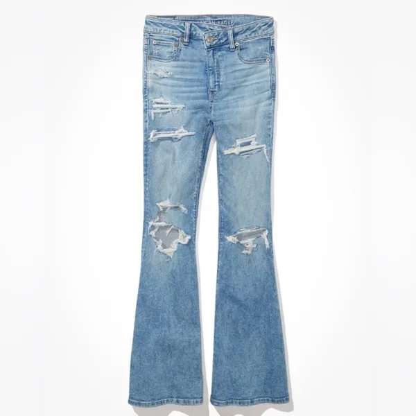 American Eagle Outfitters Light Blue Distressed Flare Jeans High Waisted - Image 3