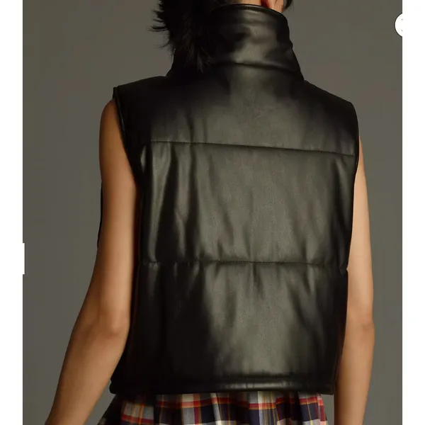 Anthropologie Faux Leather Puffer Vest Black Cropped Full Zip Pockets Size Small - Image 3