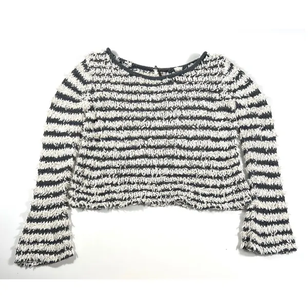 Free People Downy XS Striped Knit Pullover Bell Sleeve Sweater Grey Ivory EUC - Image 2