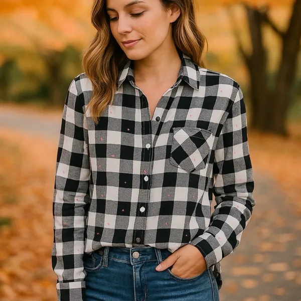 American Eagle Black and White Plaid Flannel with Pink Hearts - Image 5