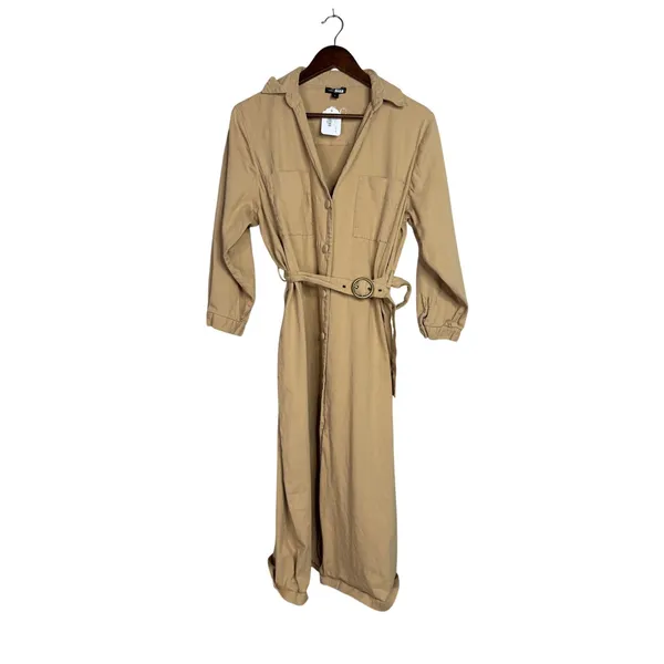 Area Stars Chic Belted Waist Midi Shirt Dress 3/4 Sleeves Button Down L Tan - Image 2