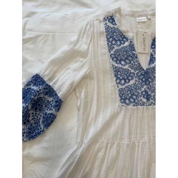 Dotti Women XL White Blue Floral‎ Embroidered Tiered Boho Mini Dress Tunic NWT - Image 2