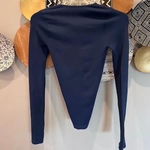 Intimately Free People Navy Blue Ribbed Lace Up Front Long Sleeve Top XS S - Image 4