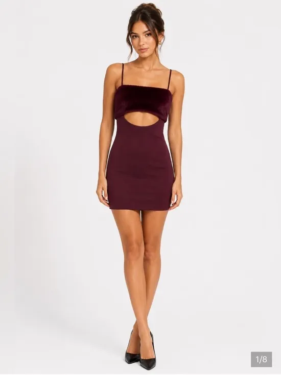 Naked Wardrobe Burgundy Faux Fur Trim Mini Dress Sexy Date Night Club Prom Med - Image 3