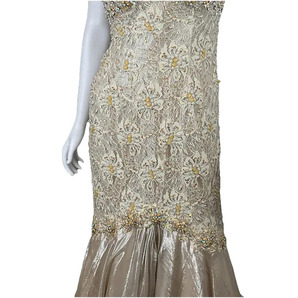 Mac Duggal Couture‎ Beaded Strapless Gown Womens 4 Champagne Lace Mermaid Formal - Image 13