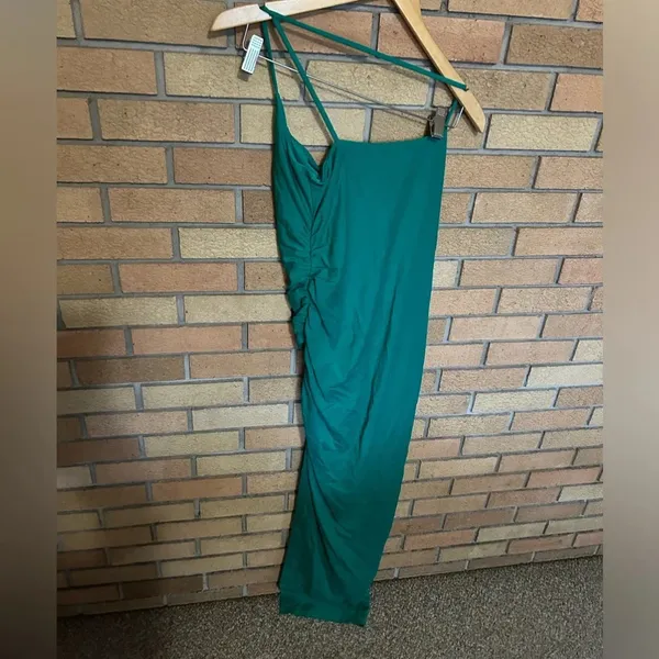 Lover and Friends Nami Maxi Dress in Seaglass Green Slit Ruched Size Small - Image 5