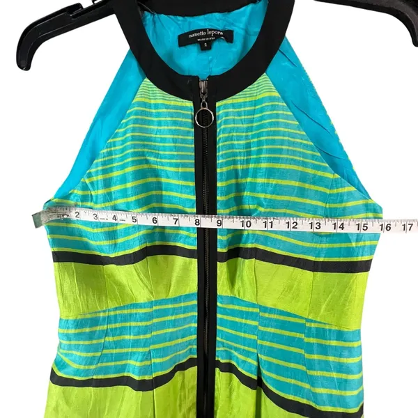 Nanette Lepore Bogatell Dress 2 Green Blue Linen Blend Stripe Feminine Chic ASO‎ - Image 9