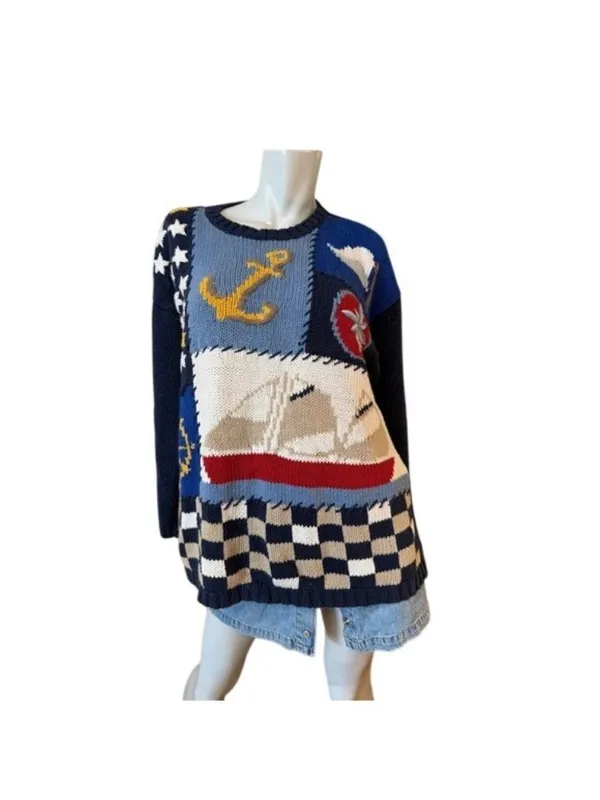 1980s Nautical Maritime Sailing Vintage Sailboat Whimsical Lagenlook Sweater - Image 2