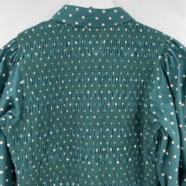 ASOS Smocked Polka Dot‎ Green Mini Dress Long Sleeves Collared Button Size 4 - Image 6