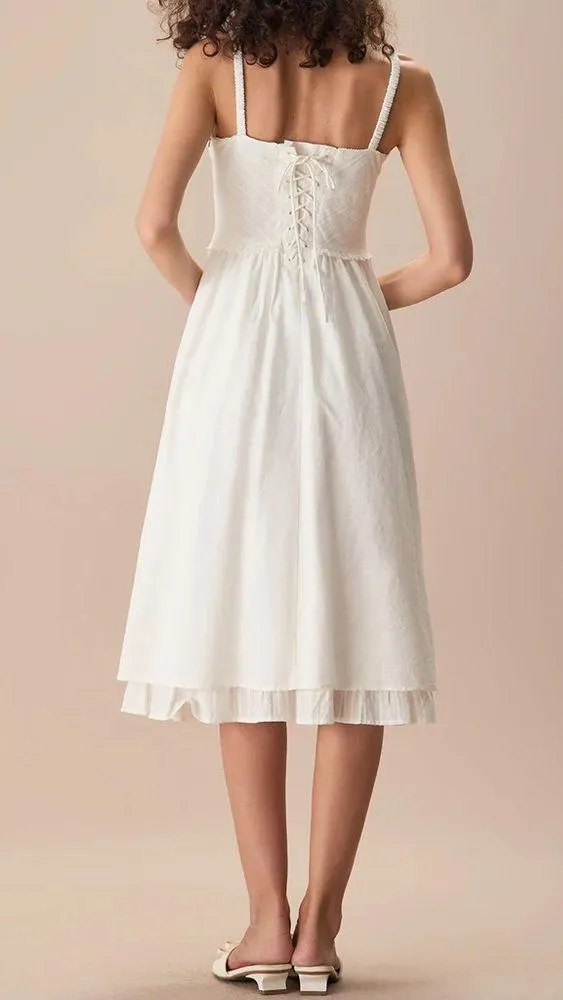 Rihoas White Ruched Slip Cotton Midi Dress - Image 8